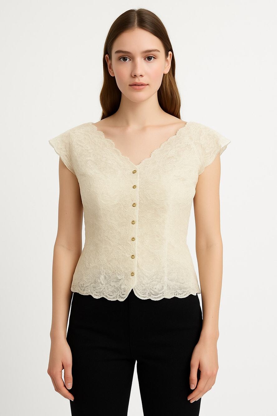 1960s Styled by Dana Ivory Scalloped Lace Short Sleeve Blouse Size medium